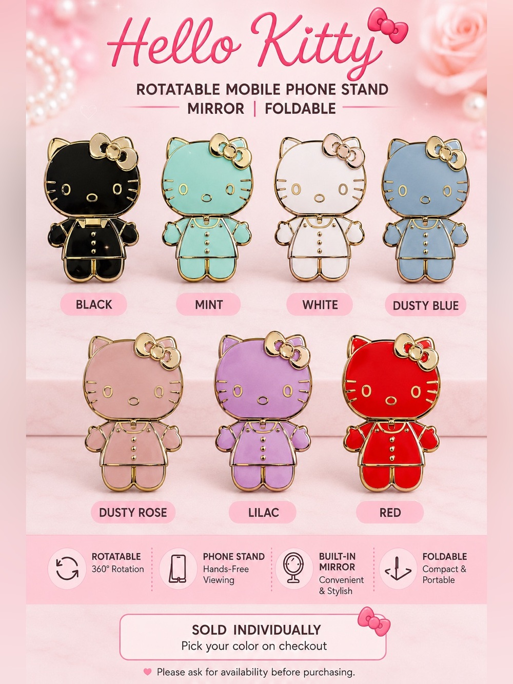 Hello Kitty Enamel Phone Stand Mirror - SOLD INDIVIDUALLY